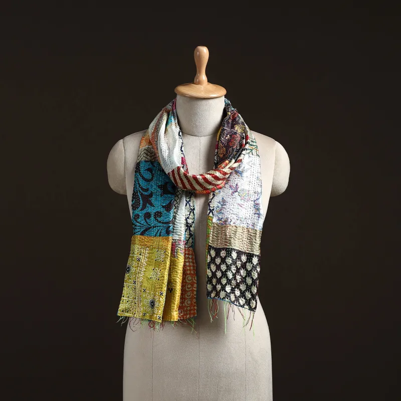 Multicolor - Patchwork Reversible Silk Bengal Hand Kantha Stitch Stole 85 sold by Itokri