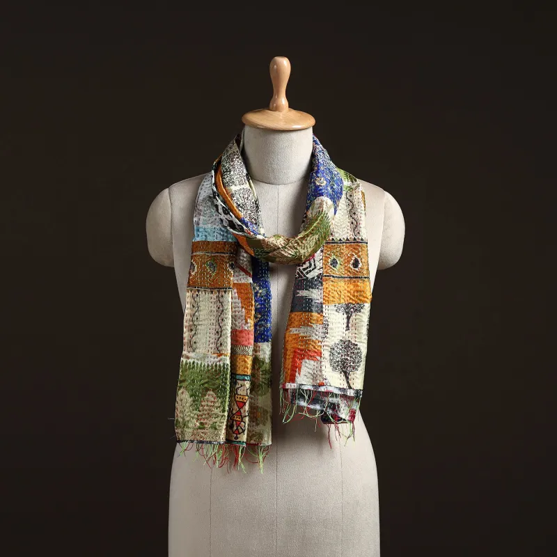 Multicolor - Patchwork Reversible Silk Bengal Hand Kantha Stitch Stole 82 made by Itokri