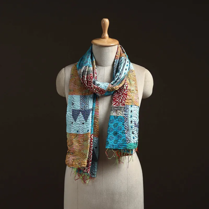 Multicolor - Patchwork Reversible Silk Bengal Hand Kantha Stitch Stole 78 sold by Itokri