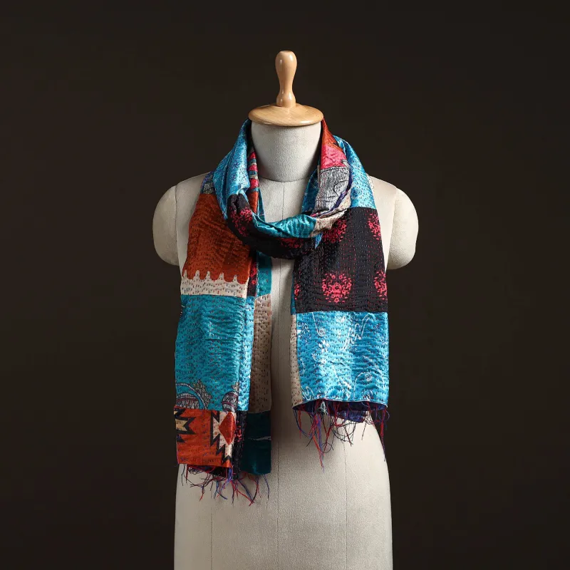 Multicolor - Patchwork Reversible Silk Bengal Hand Kantha Stitch Stole 77 sold by Itokri