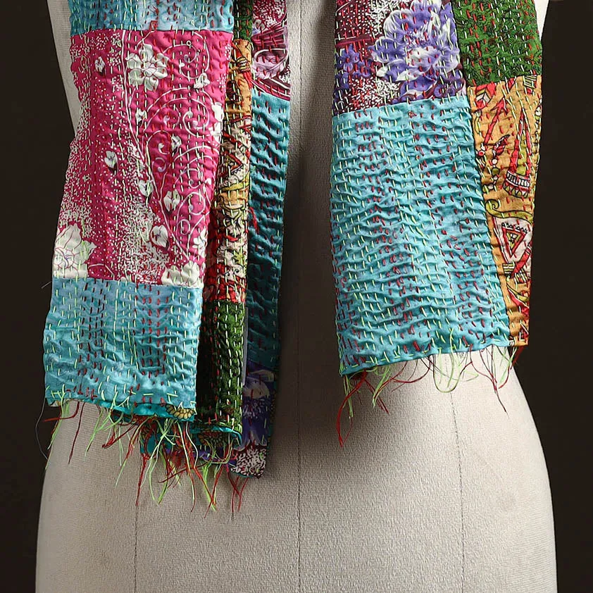 Multicolor - Patchwork Reversible Silk Bengal Hand Kantha Stitch Stole 75 sold by Itokri product image thumbnail 2