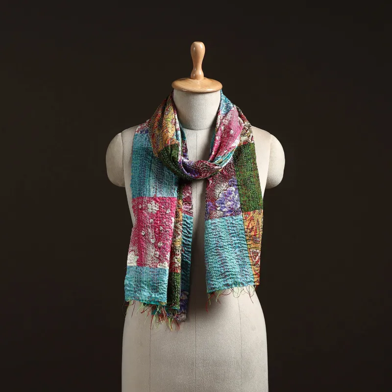 Multicolor - Patchwork Reversible Silk Bengal Hand Kantha Stitch Stole 75 sold by Itokri