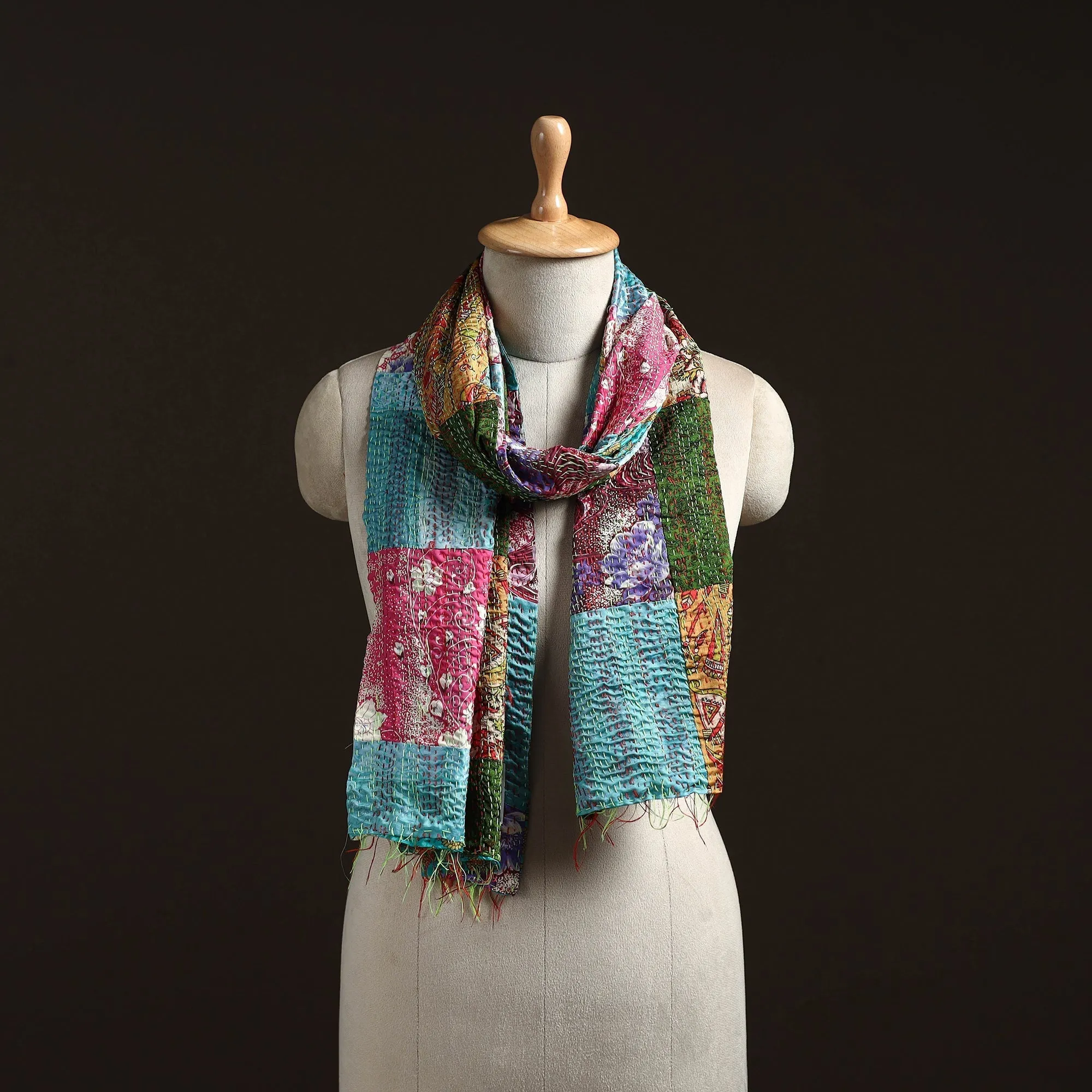 Multicolor - Patchwork Reversible Silk Bengal Hand Kantha Stitch Stole 75 sold by Itokri