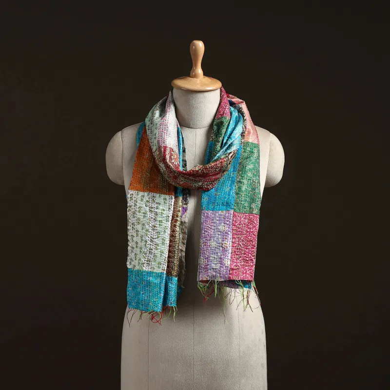 Multicolor - Patchwork Reversible Silk Bengal Hand Kantha Stitch Stole 71 sold by Itokri