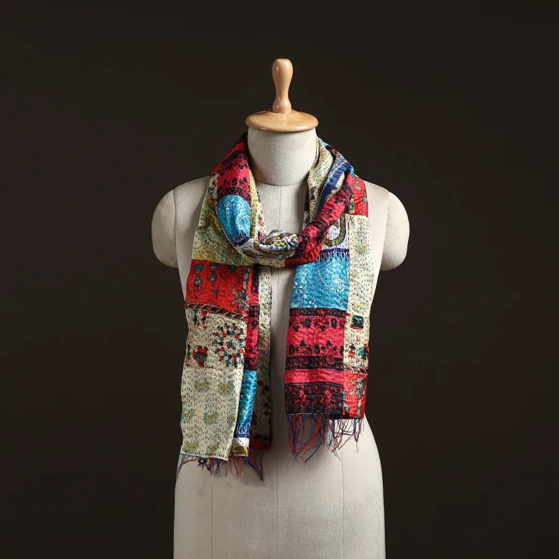 Multicolor - Patchwork Reversible Silk Bengal Hand Kantha Stitch Stole 61 sold by Itokri