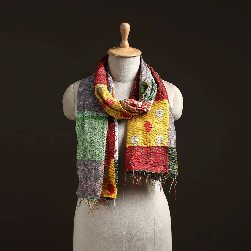 Multicolor - Patchwork Reversible Silk Bengal Hand Kantha Stitch Stole 51 sold by Itokri