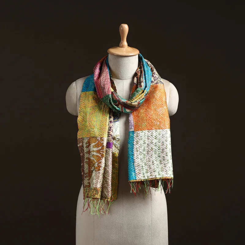 Multicolor - Patchwork Reversible Silk Bengal Hand Kantha Stitch Stole 74 sold by Itokri