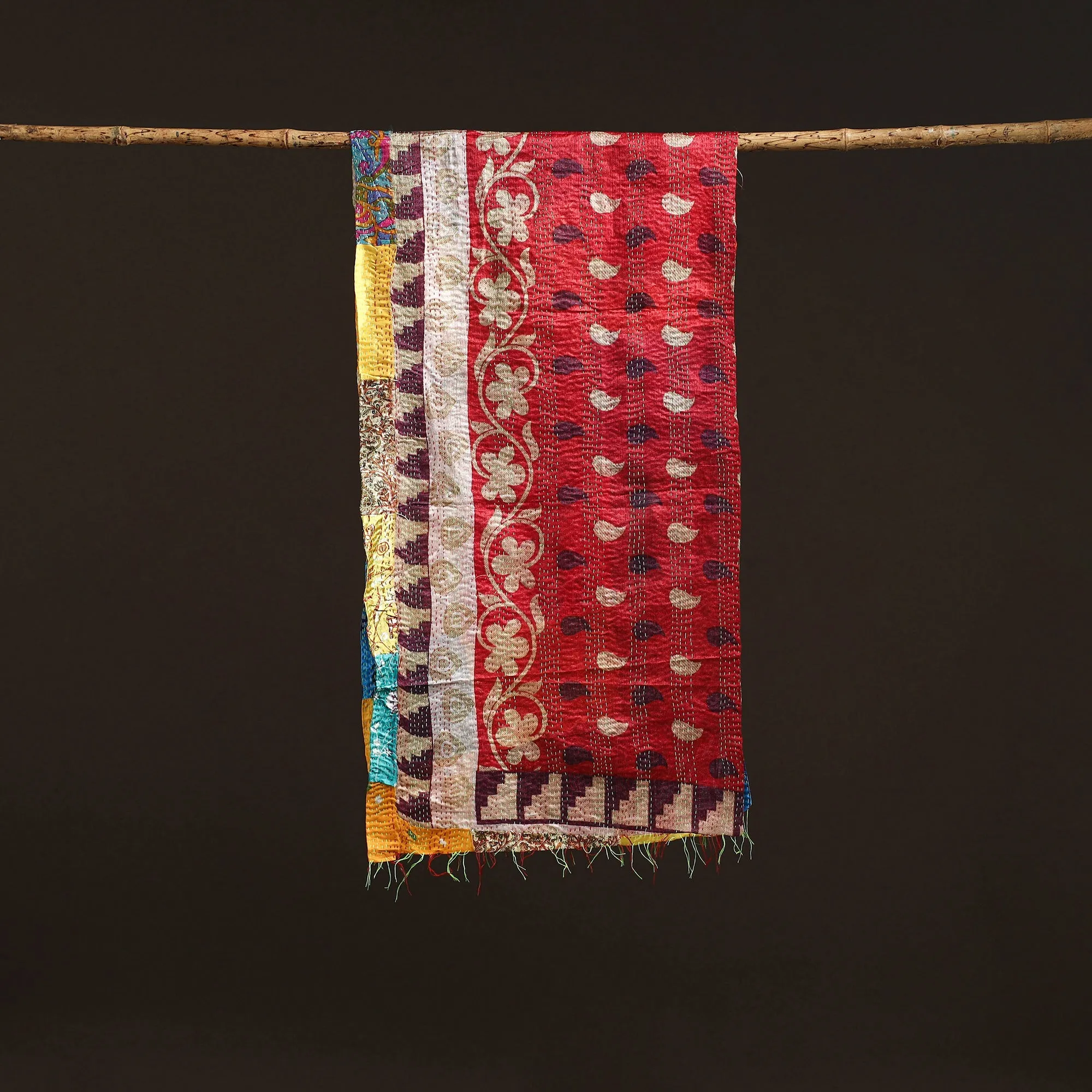 Multicolor - Patchwork Reversible Silk Bengal Hand Kantha Stitch Stole 73 sold by Itokri product image thumbnail 3