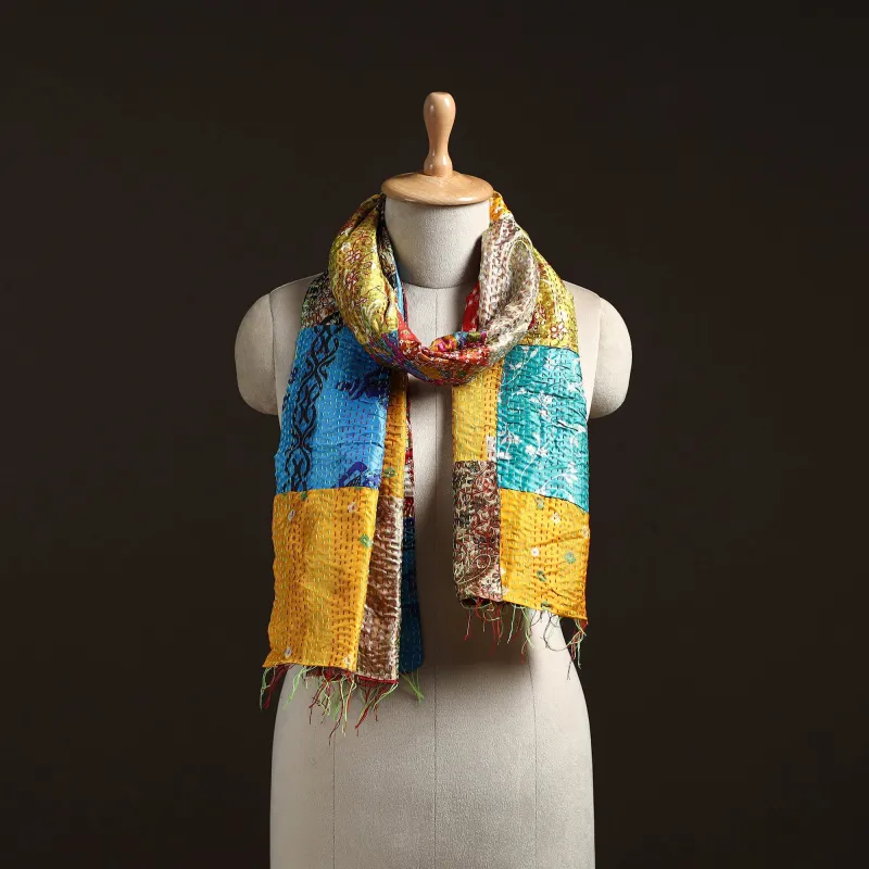 Multicolor - Patchwork Reversible Silk Bengal Hand Kantha Stitch Stole 73 sold by Itokri