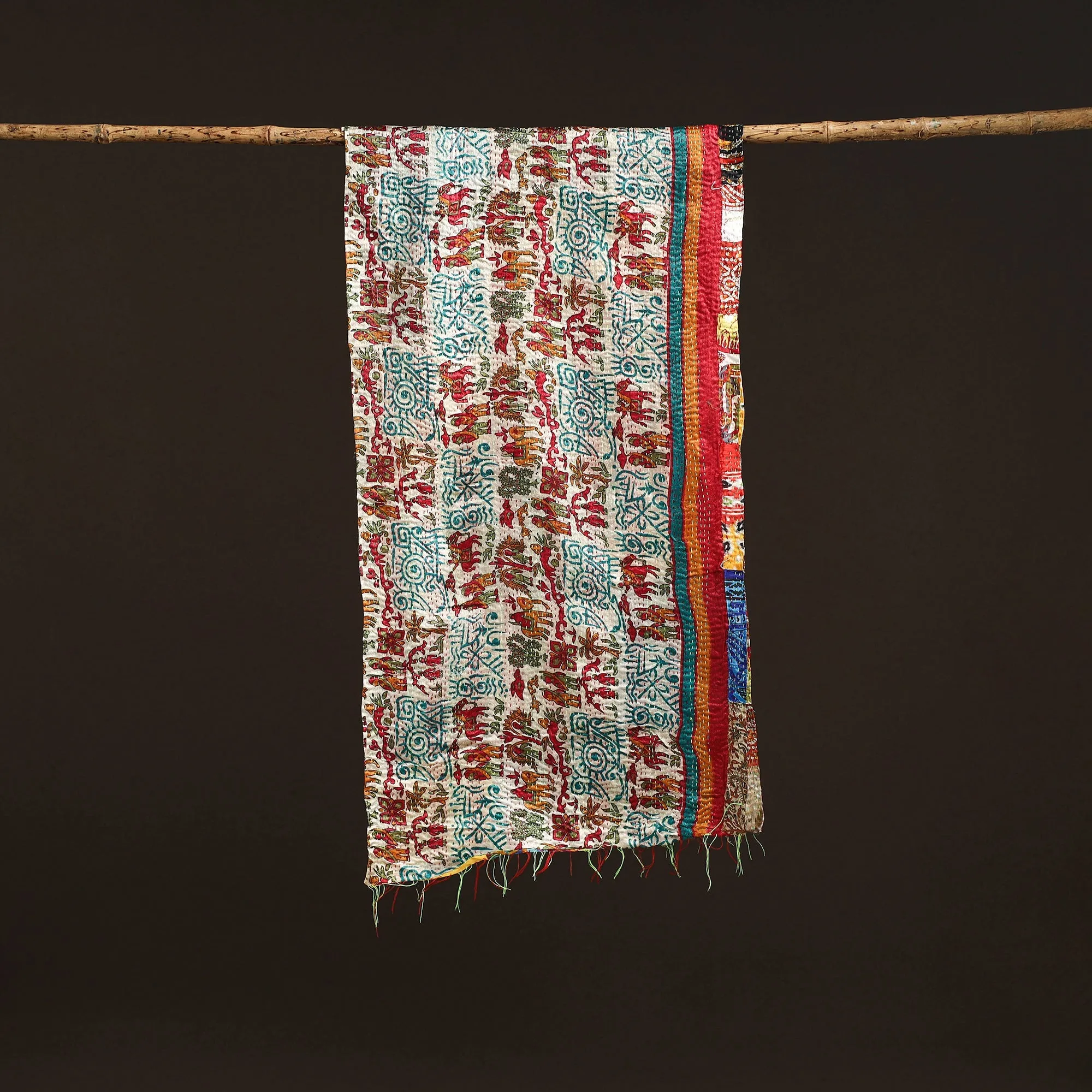 Multicolor - Patchwork Reversible Silk Bengal Hand Kantha Stitch Stole 59 sold by Itokri product image thumbnail 3