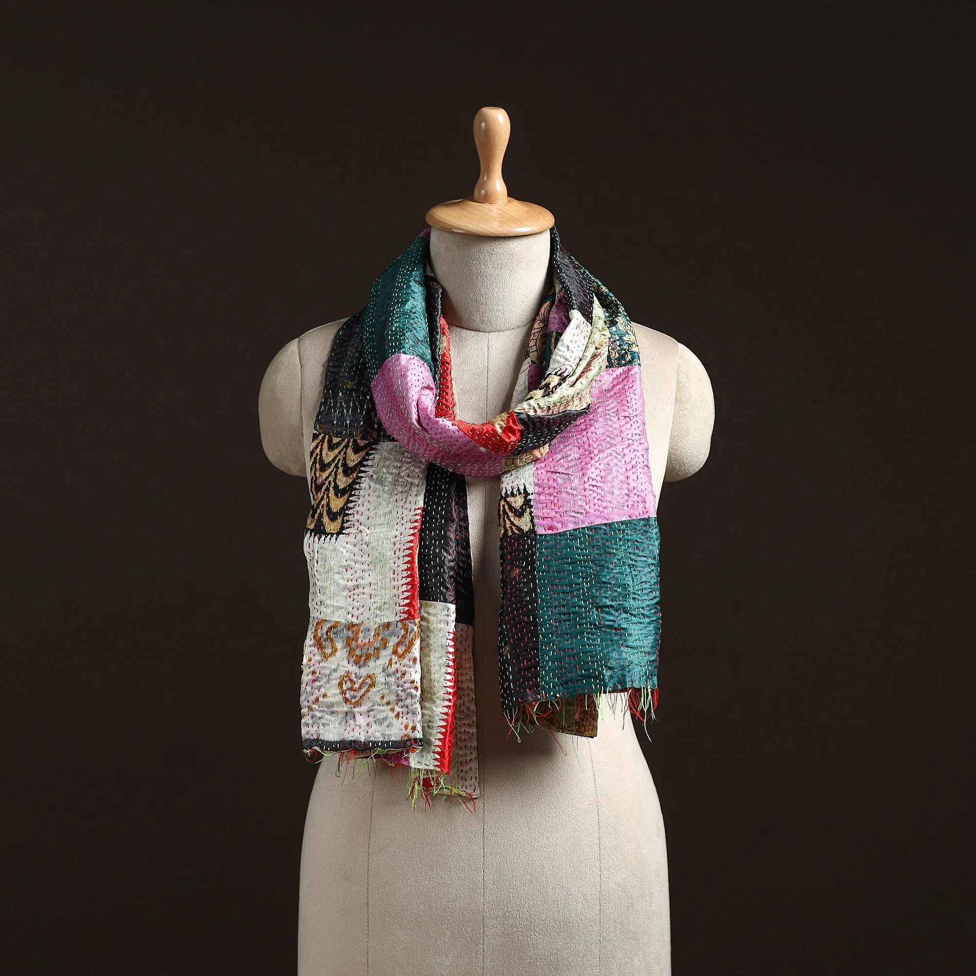 Multicolor - Patchwork Reversible Silk Bengal Hand Kantha Stitch Stole 57 sold by Itokri