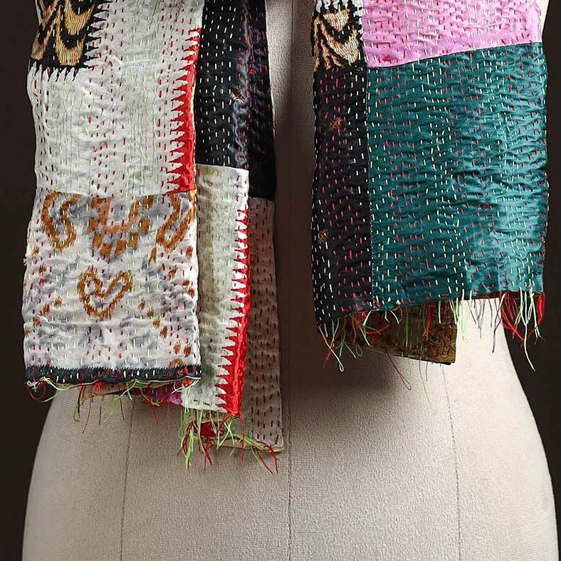 Multicolor - Patchwork Reversible Silk Bengal Hand Kantha Stitch Stole 57 sold by Itokri product image thumbnail 2