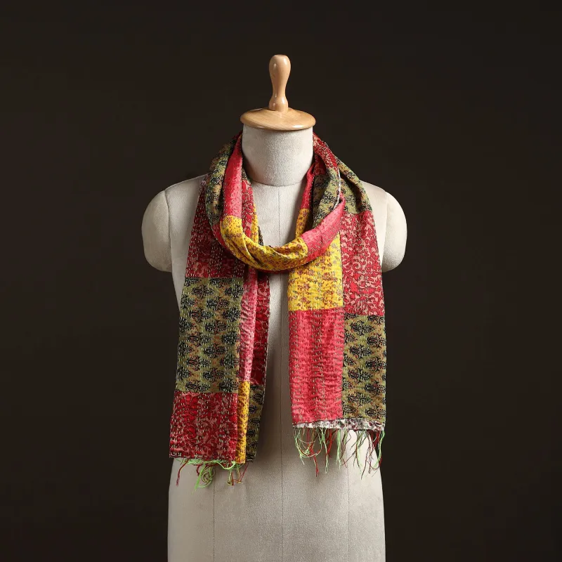 Multicolor - Patchwork Reversible Silk Bengal Hand Kantha Stitch Stole 55 sold by Itokri