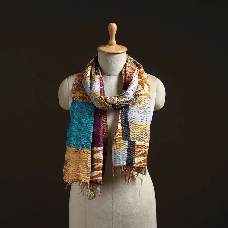 Multicolor - Patchwork Reversible Silk Bengal Hand Kantha Stitch Stole 54 made by Itokri