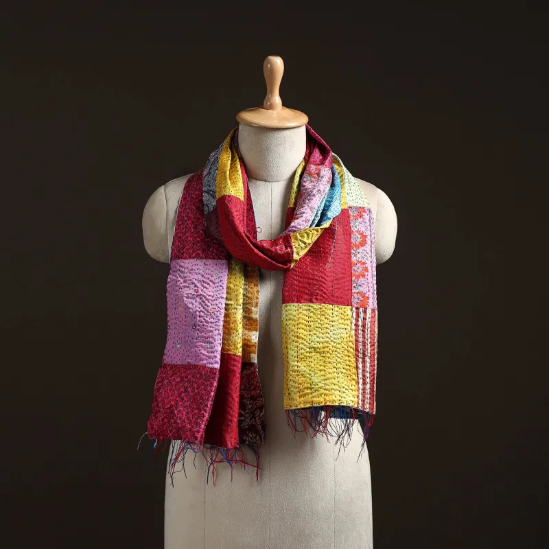 Multicolor - Patchwork Reversible Silk Bengal Hand Kantha Stitch Stole 53 sold by Itokri
