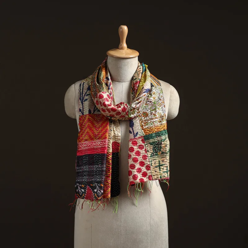 Multicolor - Patchwork Reversible Silk Bengal Hand Kantha Stitch Stole 52 sold by Itokri