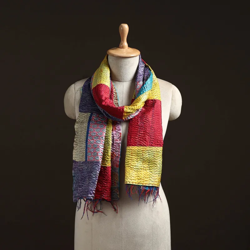 Multicolor - Patchwork Reversible Silk Bengal Hand Kantha Stitch Stole 50 sold by Itokri