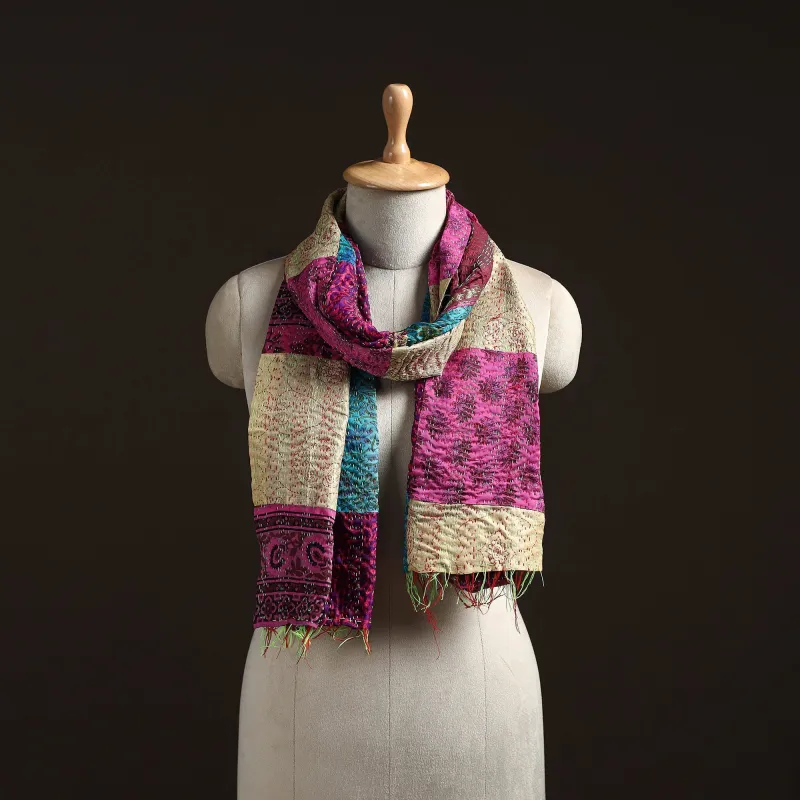 Multicolor - Patchwork Reversible Silk Bengal Hand Kantha Stitch Stole 47 sold by Itokri