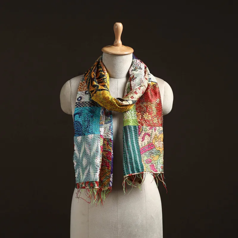 Multicolor - Patchwork Reversible Silk Bengal Hand Kantha Stitch Stole 46 sold by Itokri