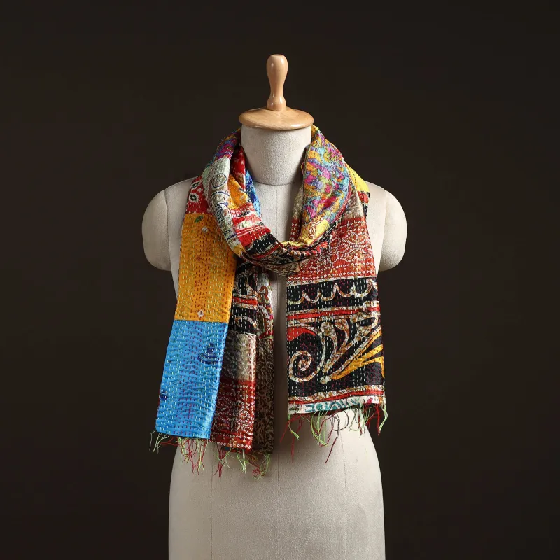 Multicolor - Patchwork Reversible Silk Bengal Hand Kantha Stitch Stole 44 sold by Itokri