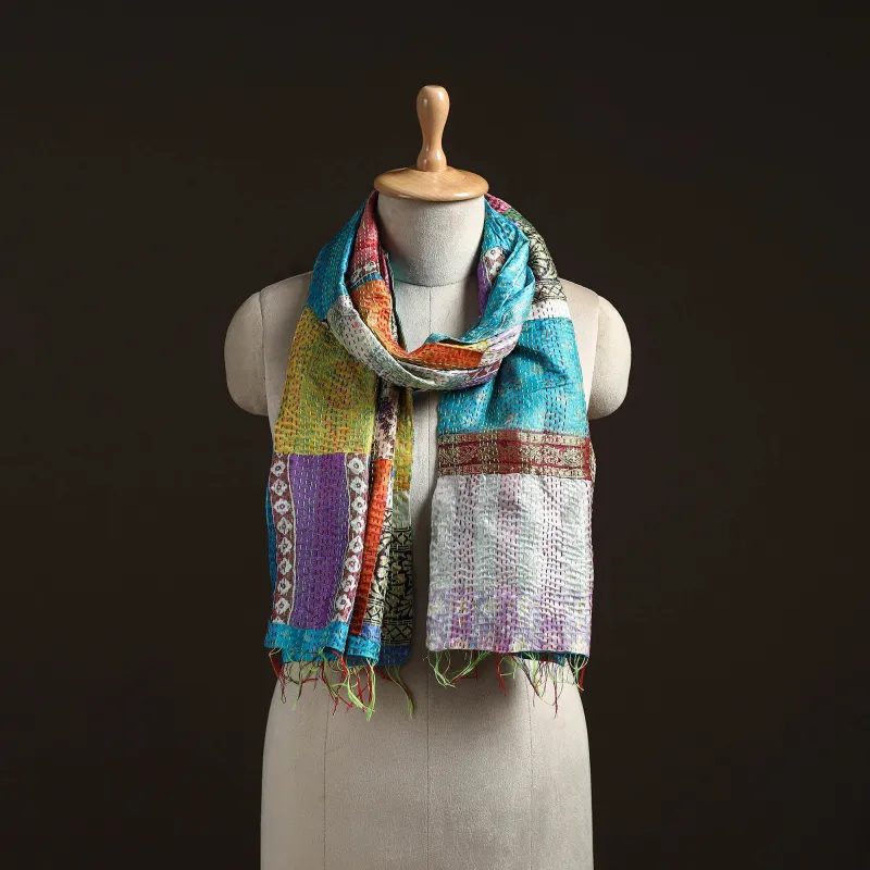 Multicolor - Patchwork Reversible Silk Bengal Hand Kantha Stitch Stole 41 sold by Itokri