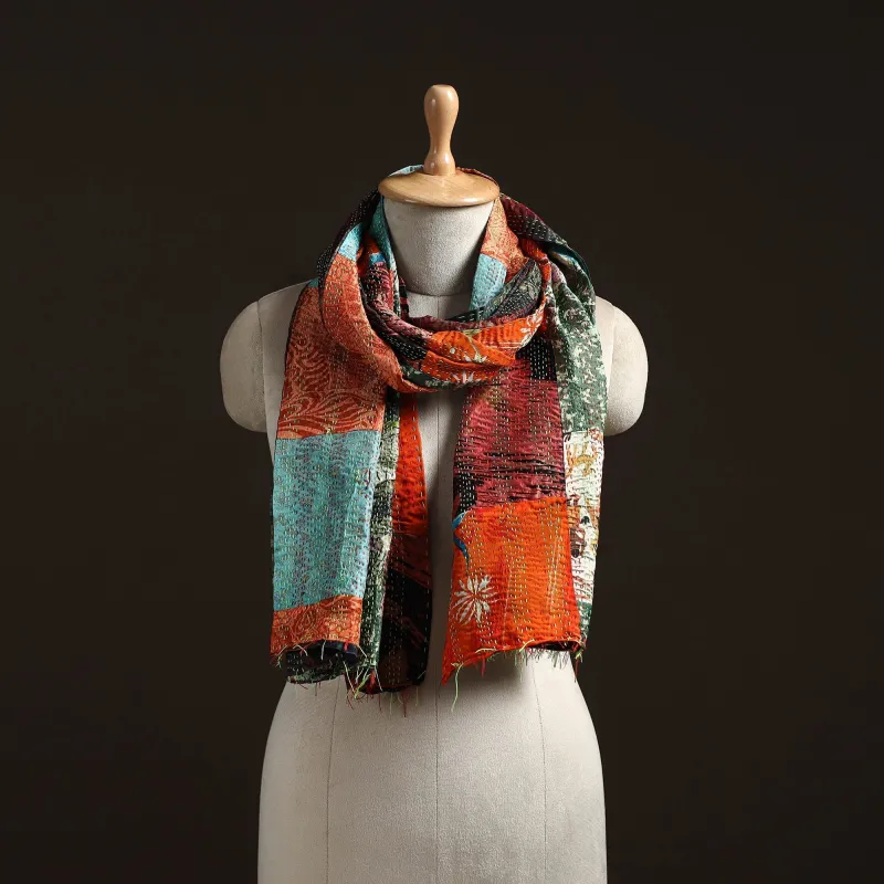 Multicolor - Patchwork Reversible Silk Bengal Hand Kantha Stitch Stole 39 sold by Itokri