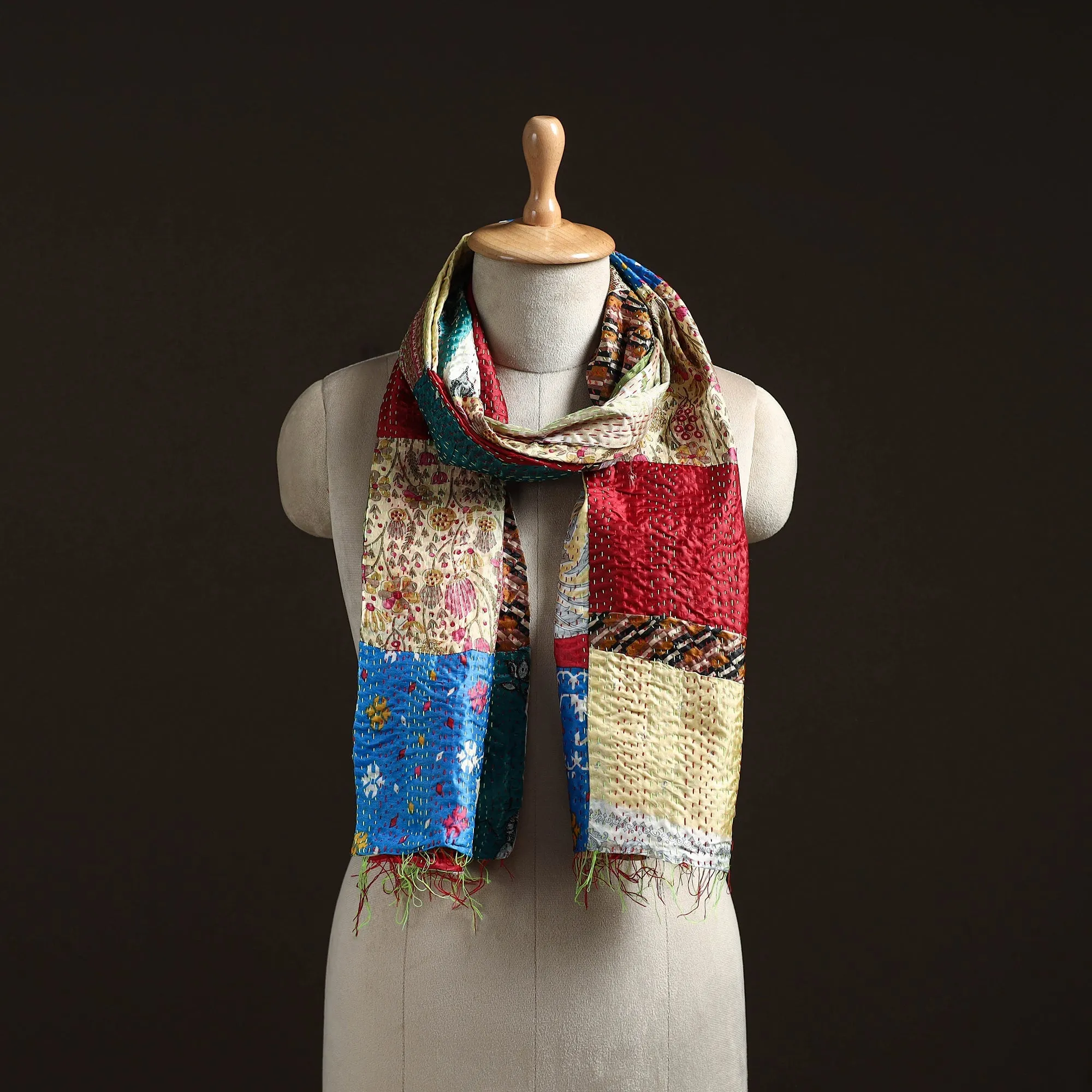 Multicolor - Patchwork Reversible Silk Bengal Hand Kantha Stitch Stole 38 sold by Itokri