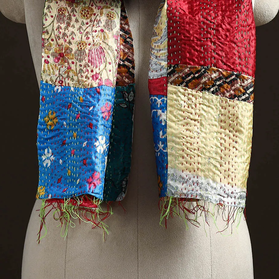 Multicolor - Patchwork Reversible Silk Bengal Hand Kantha Stitch Stole 38 sold by Itokri product image thumbnail 2