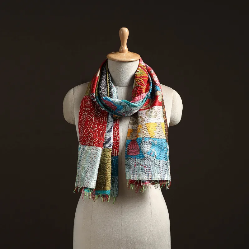 Multicolor - Patchwork Reversible Silk Bengal Hand Kantha Stitch Stole 37 made by Itokri