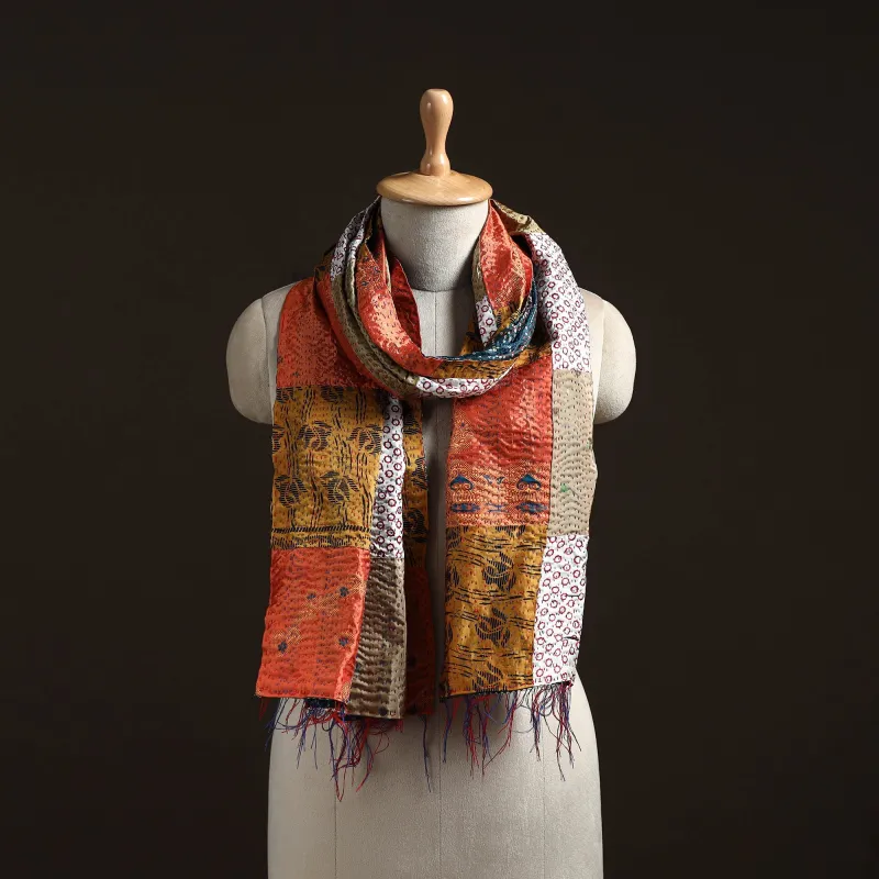 Multicolor - Patchwork Reversible Silk Bengal Hand Kantha Stitch Stole 36 sold by Itokri