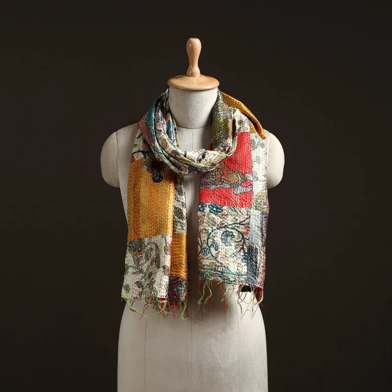 Multicolor - Patchwork Reversible Silk Bengal Hand Kantha Stitch Stole 34 sold by Itokri