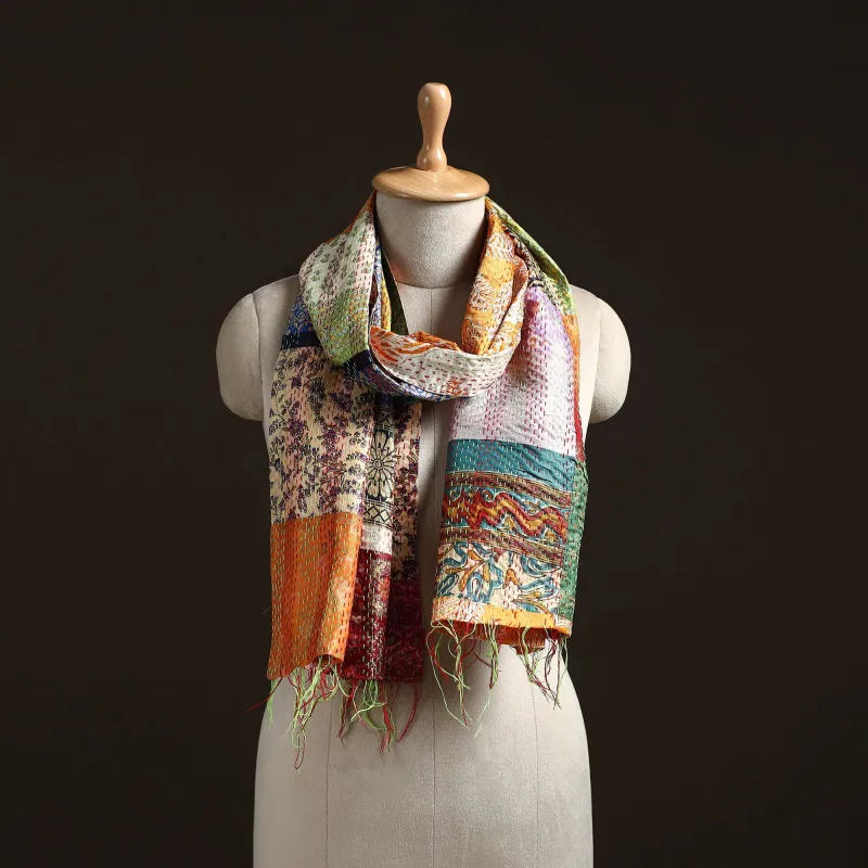 Multicolor - Patchwork Reversible Silk Bengal Hand Kantha Stitch Stole 30 sold by Itokri