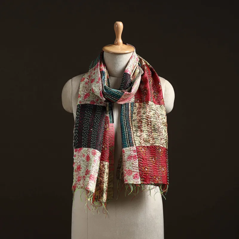 Multicolor - Patchwork Reversible Silk Bengal Hand Kantha Stitch Stole 26 made by Itokri