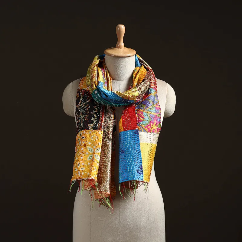 Multicolor - Patchwork Reversible Silk Bengal Hand Kantha Stitch Stole 25 sold by Itokri
