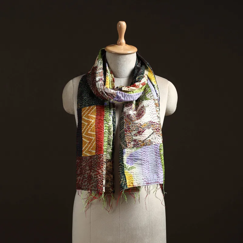 Multicolor - Patchwork Reversible Silk Bengal Hand Kantha Stitch Stole 20 made by Itokri