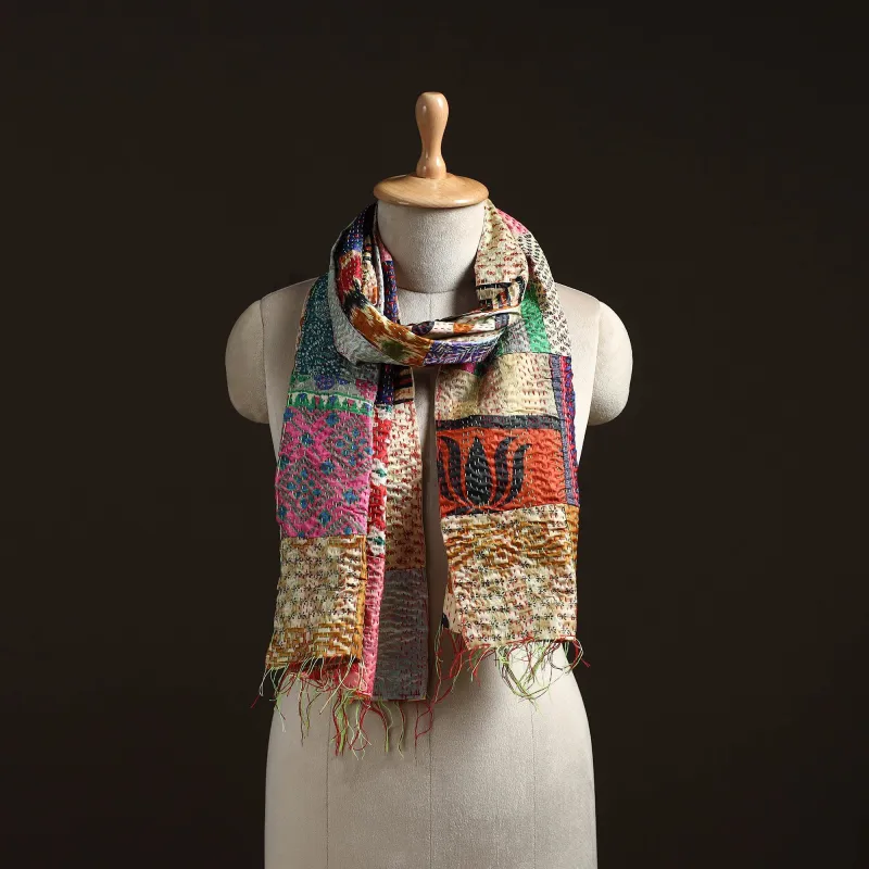 Multicolor - Patchwork Reversible Silk Bengal Hand Kantha Stitch Stole 19 sold by Itokri