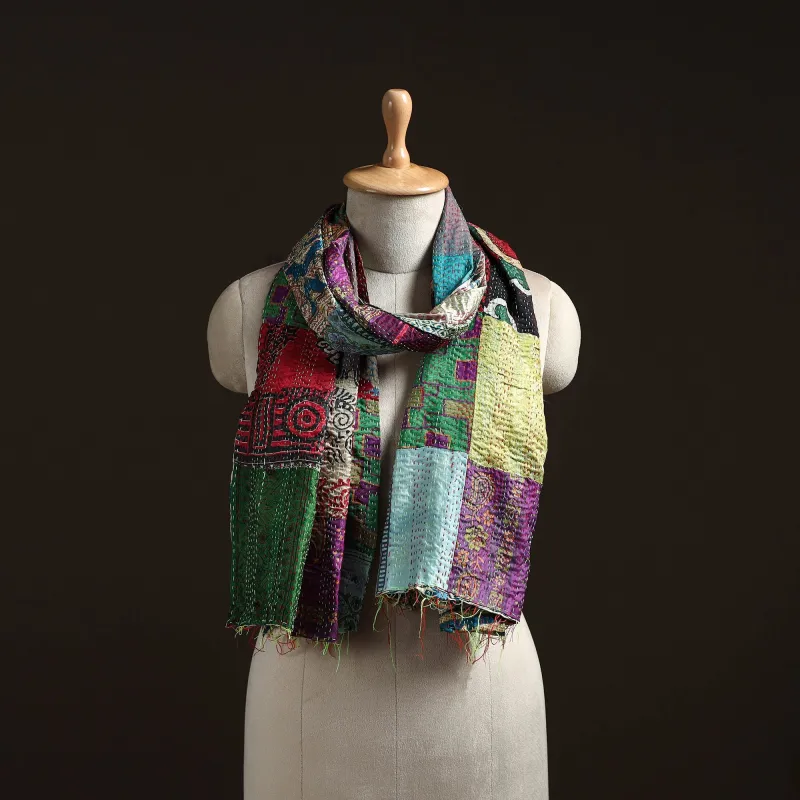Multicolor - Patchwork Reversible Silk Bengal Hand Kantha Stitch Stole 15 sold by Itokri