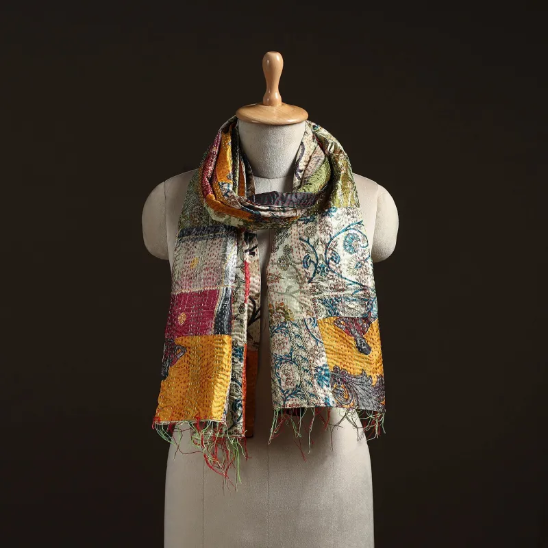 Multicolor - Patchwork Reversible Silk Bengal Hand Kantha Stitch Stole 13 made by Itokri