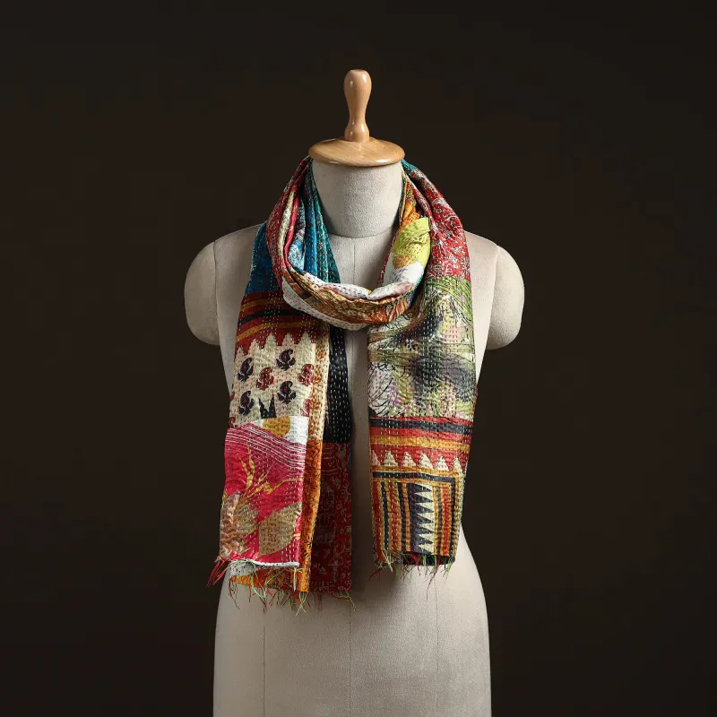 Multicolor - Patchwork Reversible Silk Bengal Hand Kantha Stitch Stole 11 sold by Itokri