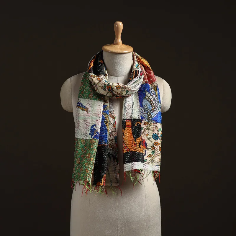 Multicolor - Patchwork Reversible Silk Bengal Hand Kantha Stitch Stole 10 sold by Itokri