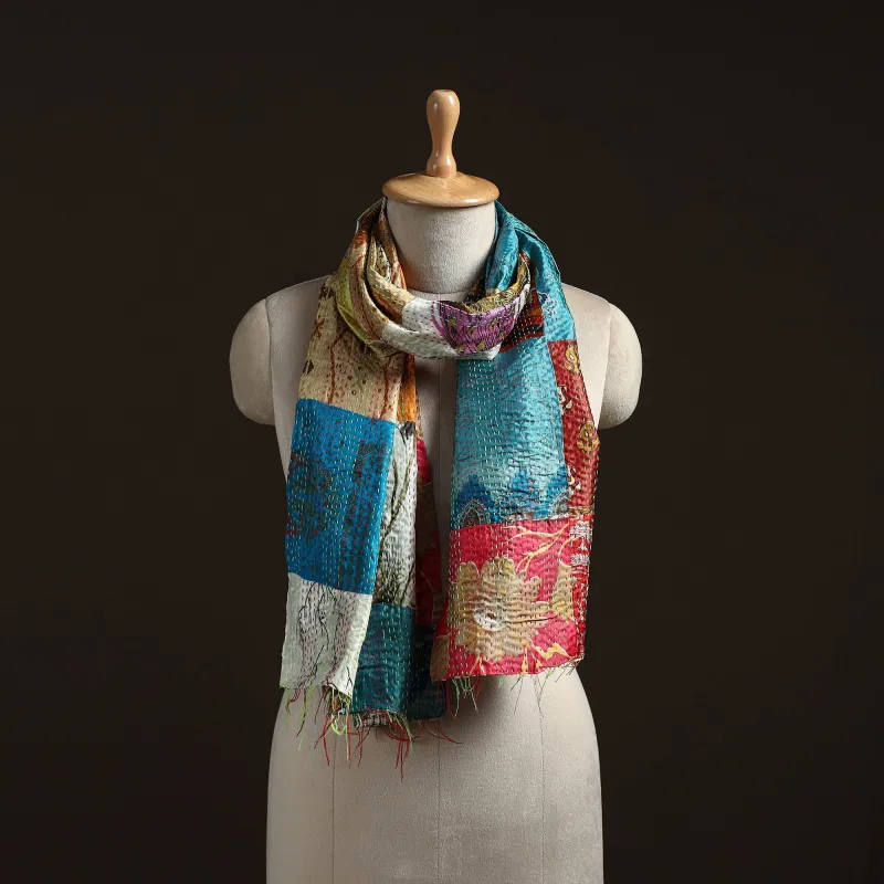 Multicolor - Patchwork Reversible Silk Bengal Hand Kantha Stitch Stole 09 sold by Itokri