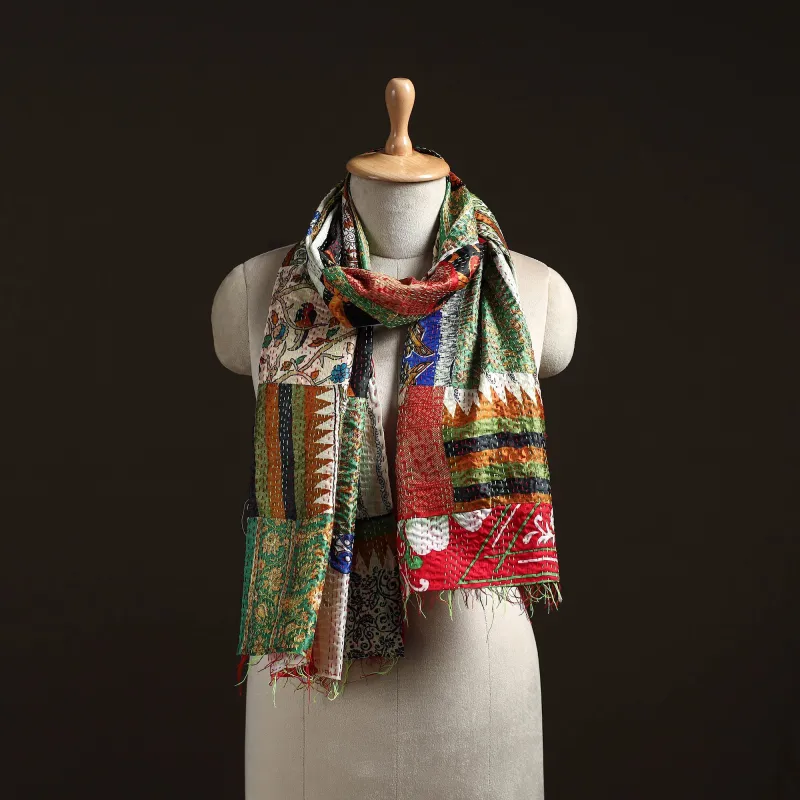Multicolor - Patchwork Reversible Silk Bengal Hand Kantha Stitch Stole 08 sold by Itokri