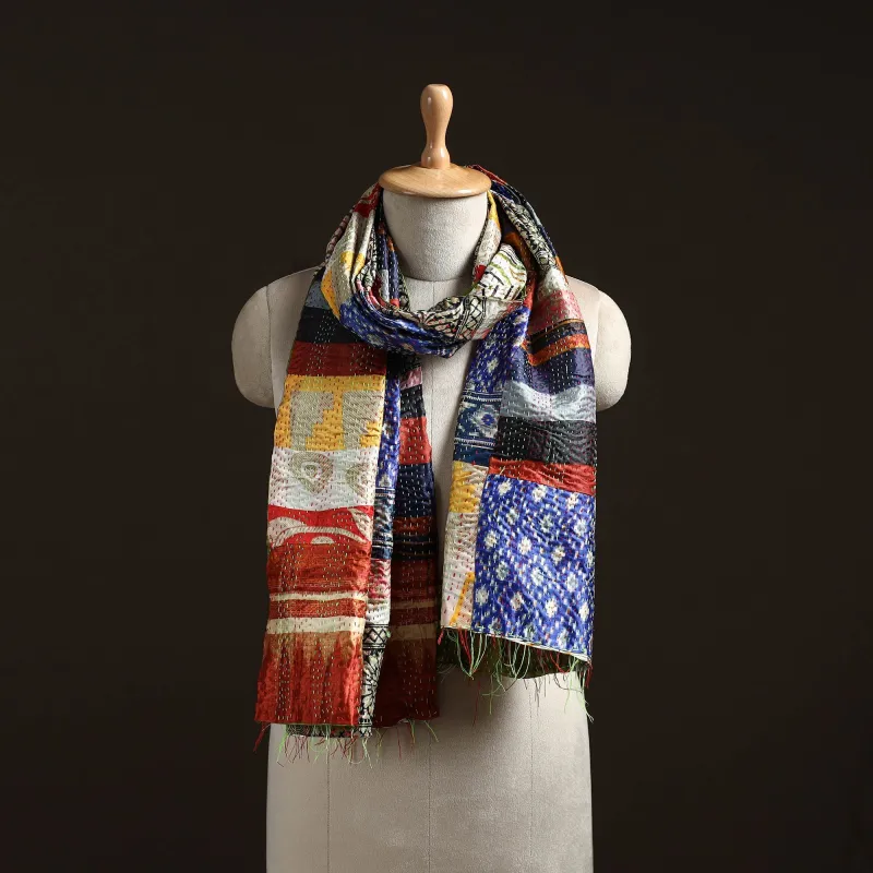 Multicolor - Patchwork Reversible Silk Bengal Hand Kantha Stitch Stole 07 sold by Itokri