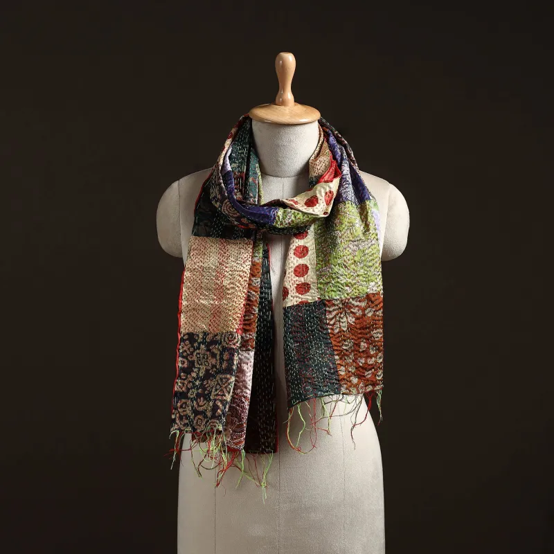 Multicolor - Patchwork Reversible Silk Bengal Hand Kantha Stitch Stole 06 sold by Itokri