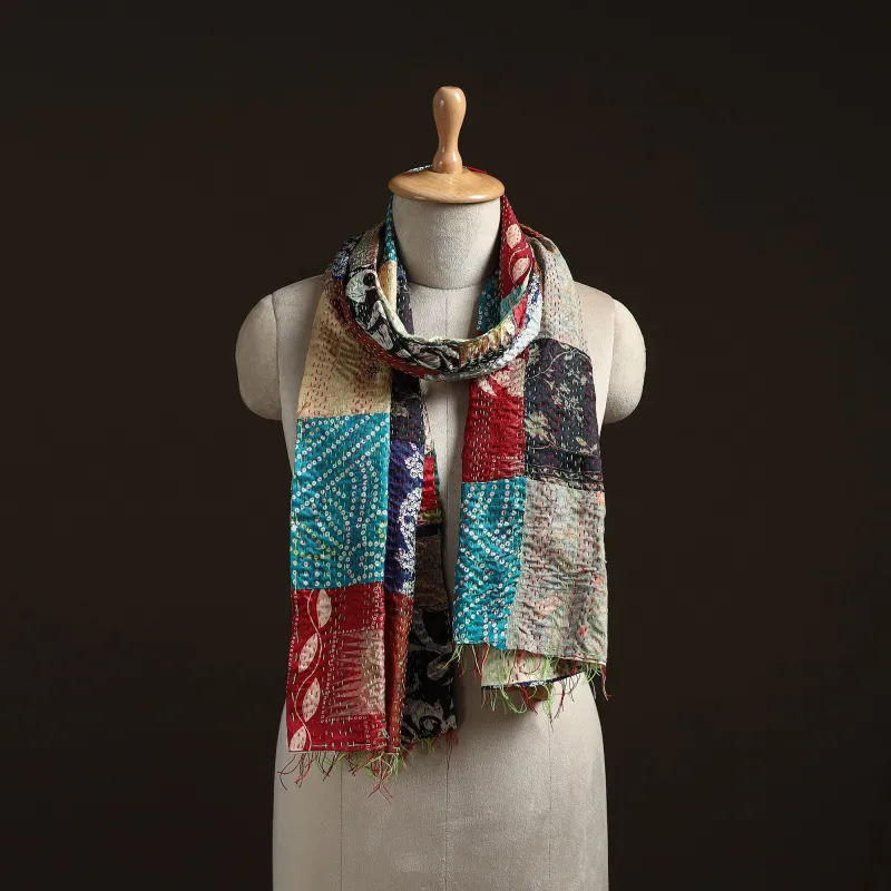 Multicolor - Patchwork Reversible Silk Bengal Hand Kantha Stitch Stole 04 sold by Itokri