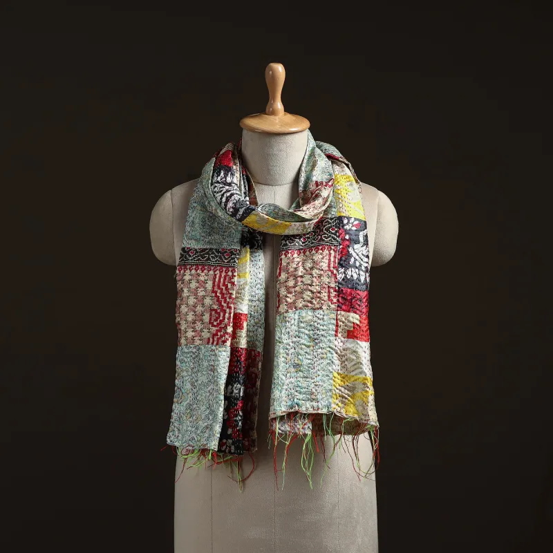 Multicolor - Patchwork Reversible Silk Bengal Hand Kantha Stitch Stole 03 made by Itokri