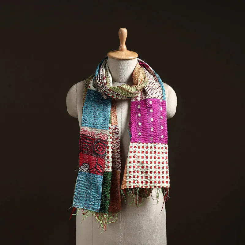 Multicolor - Patchwork Reversible Silk Bengal Hand Kantha Stitch Stole 02 made by Itokri