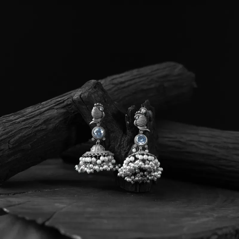 Light Blue - Saanjh Bela Peacock Oxidised Earrings made by Itokri