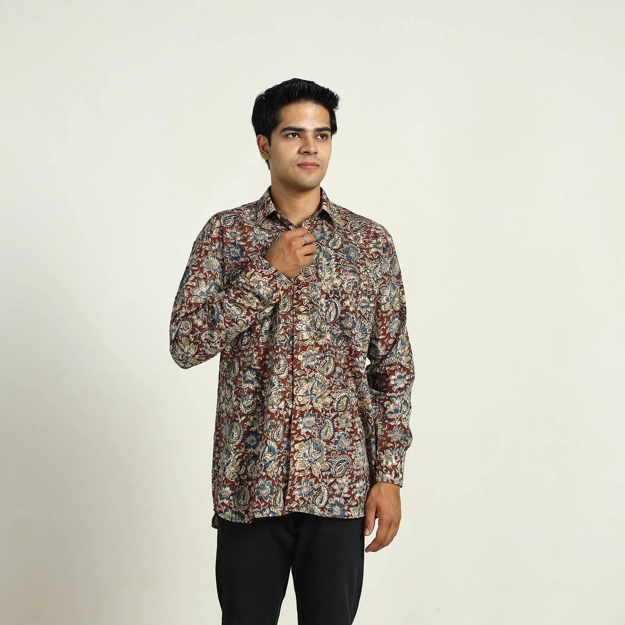 Red - Pedana Block Print Cotton Men Kalamkari Shirt 13 sold by Itokri product image thumbnail 2