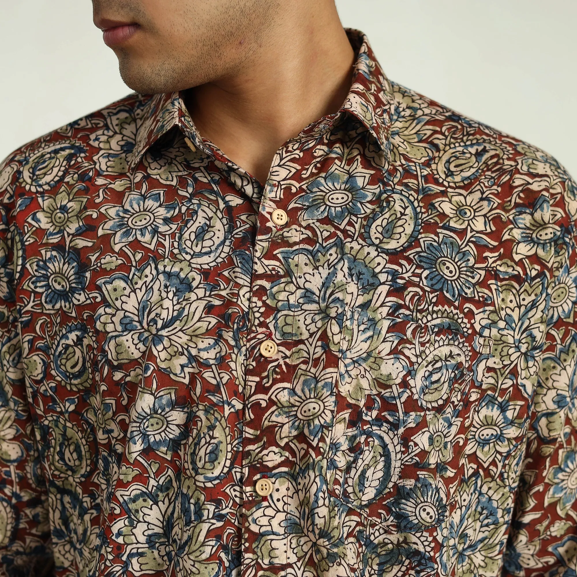 Red - Pedana Block Print Cotton Men Kalamkari Shirt 13 sold by Itokri product image thumbnail 5